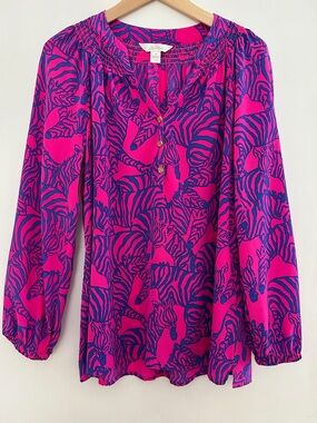Lilly Pulitzer Long Sleeve Silk Blouse Top Sz M Hot Pink Bold Blue Zebra Print